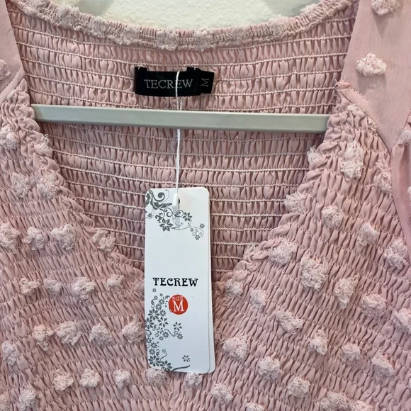 NWT TECREW Short Sleeve VNeck Mini Swiss Dot Flowy Babydoll Summer Dress Med - Picture 2 of 10